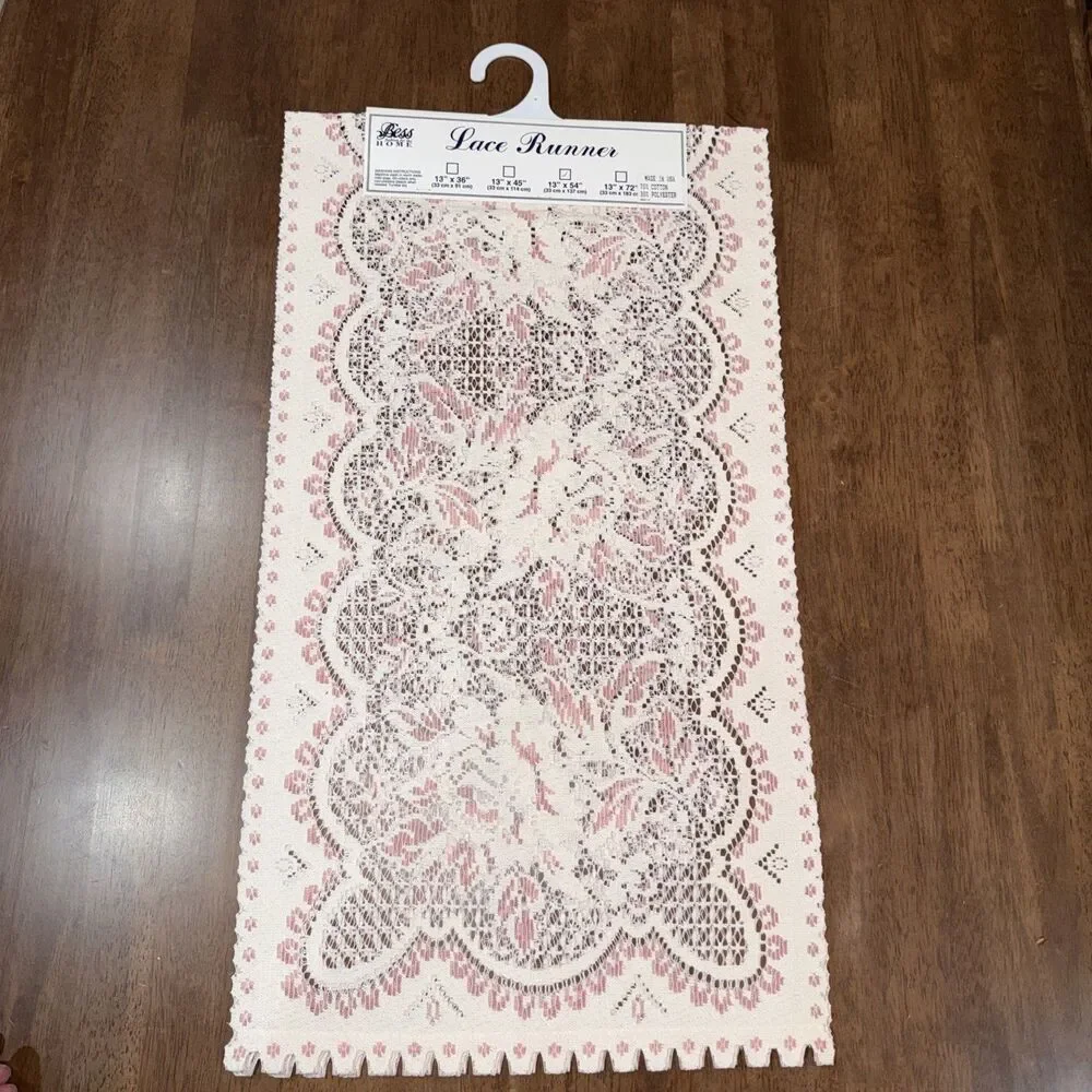 Bess Lace Table Runner Pink Floral Lace Cottagecore Farmhouse Decor 13x54 NEW